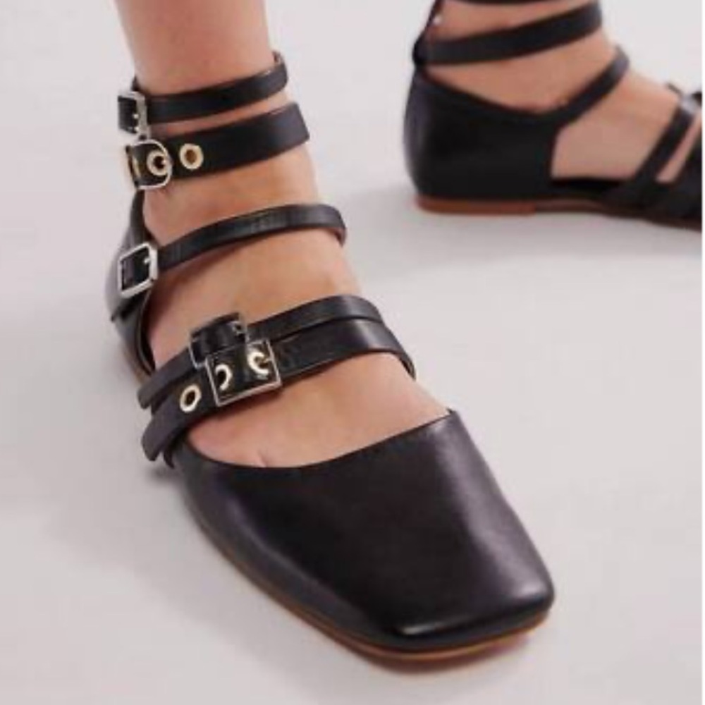 Free People Black Multi-Strap Square Toe Flats